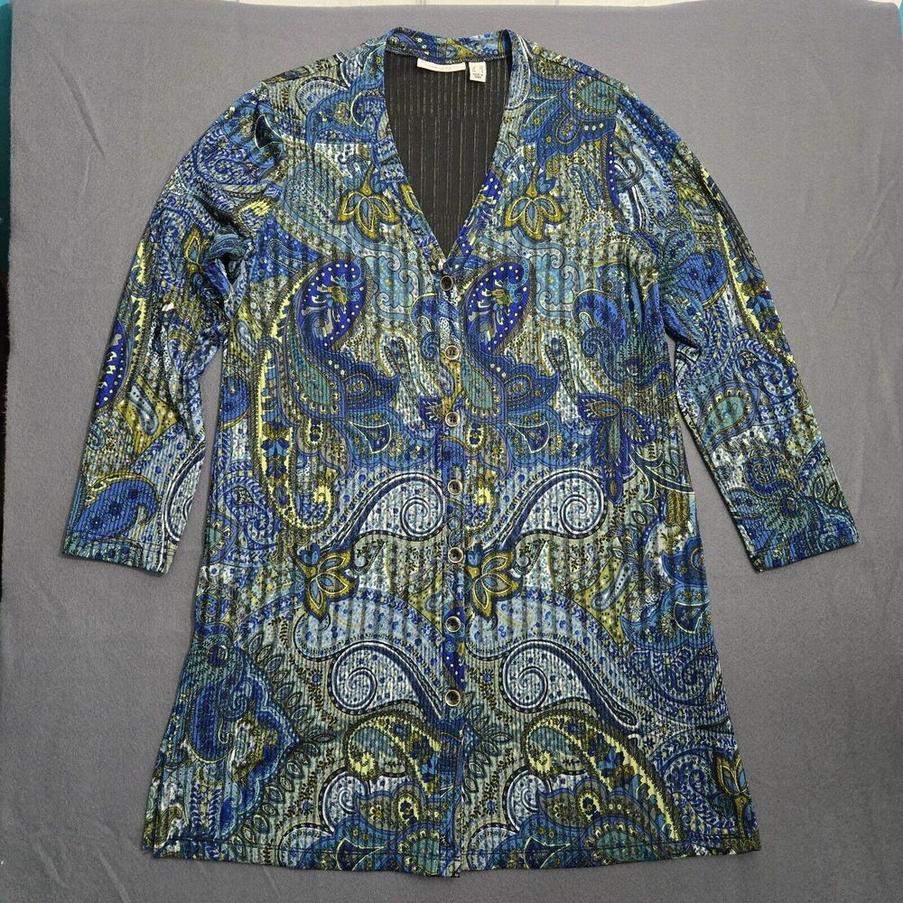Susan Graver Duster Cardigan Women XS All Over Paisley Print V Neck Button Tunic